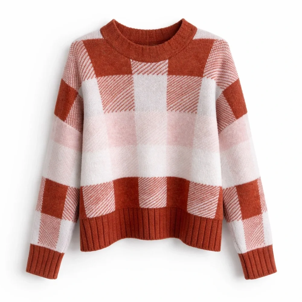 A New Day Rust & Blush Buffalo Check Sweater | Size Medium | Cozy Fall Pullover